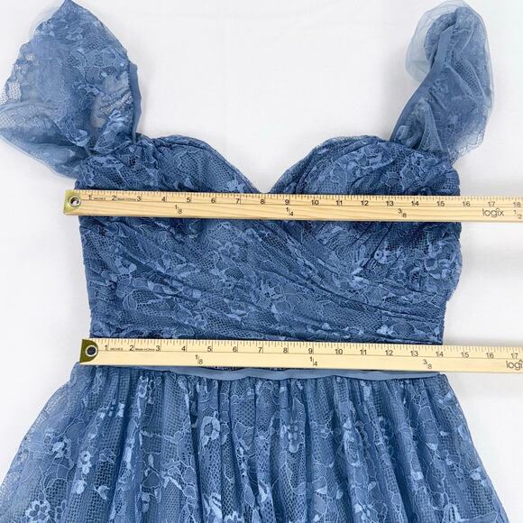 Mori Lee Madeline Gardner Women's Off Shoulder Lace Dress Size 12 Blue Bridal - Picture 15 of 16